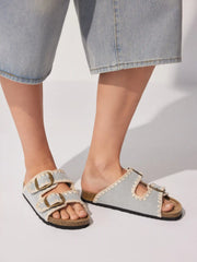 FAUX SUEDE DOUBLE BAND BUCKLE SLIPPERS