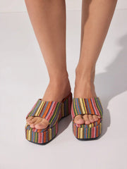 STRIPED PLATFORM WEDGE HEELED SANDALS