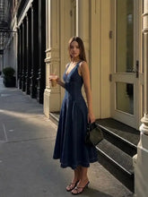 Stretch Denim V-neck Washed Pleated A-line Midi Dress