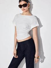 Cotton-blend Boat Neck Ruched Short Sleeve Tee