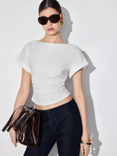 Cotton-blend Boat Neck Ruched Short Sleeve Tee