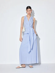 Textured Cotton-blend V-neck Tie Front Top & Mid Rise Maxi Skirt Set