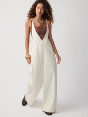 Denim Mid Rise V-neck Backless Pearl Detail Wide Leg Oversized Jumpsuit