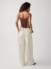 Denim Mid Rise V-neck Backless Pearl Detail Wide Leg Oversized Jumpsuit