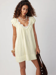 Textured V-neck Puff Sleeve Lace Trim Oversized A-line Mini Dress