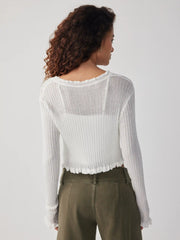 Knit Textured V-neck Tie Front Ruffle Sleeve Crop Top
