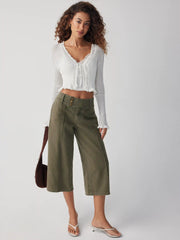 Knit Textured V-neck Tie Front Ruffle Sleeve Crop Top
