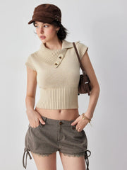 Knit Cotton-blend Asymmetrical Neck Short Sleeve Top