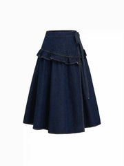 Denim Mid Rise Asymmetrical Ruched Ruffle Bowknot Flared Midi Skirt