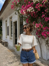 Stretch Denim Mid Rise Washed Roll Hem Shorts With Belt