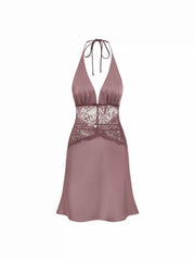 Satin Halter Neckline Lace Panel High Rise Slip Mini Dress
