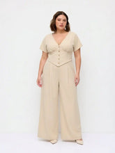 Linen-blend Mid Rise V-neck Ruched Wide Leg Jumpsuit Curve & Plus
