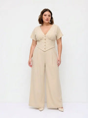 Linen-blend Mid Rise V-neck Ruched Wide Leg Jumpsuit Curve & Plus