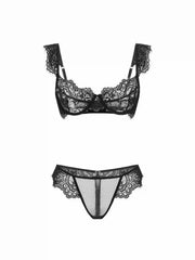 Lace V-neck Sheer Mid Rise Eyelash Trim Lingerie Set