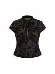 Floral Lace Round Neckline Bowknot Tie Front Top Curve & Plus