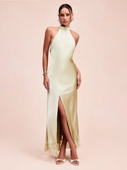 Satin Halter Neck Draped Back Tie Mermaid Maxi Dress