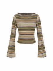 Striped Boat Neck Bell Sleeve Slim Tee