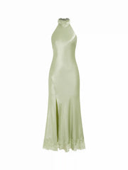 Satin Halter Neck Draped Back Tie Mermaid Maxi Dress