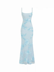 Floral Lace Up Appliques Backless Maxi Dress