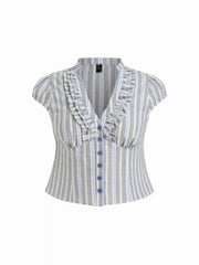 Linen-blend V-neck Striped Ruffled Blouse Curve & Plus