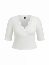 V-neck Mid-length Sleeve Scalloped Lace Trim Tee Curve & Plus