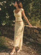 Mesh Floral Ruched Tie Front Top & Mid Rise Maxi Skirt Set