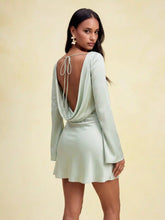 Satin Boat Neck Bell Sleeve Backless Mini Dress