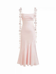 Satin Cowl Neck Floral Applique Lace Up Mermaid Maxi Dress