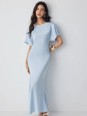 Satin Boat Neck Batwing Sleeve Bowknot Mermaid Maxi Dress