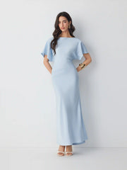 Satin Boat Neck Batwing Sleeve Bowknot Mermaid Maxi Dress