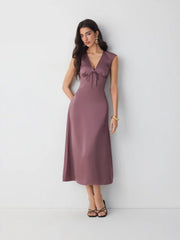 Satin V-neck Twist Knotted A-line Maxi Dress