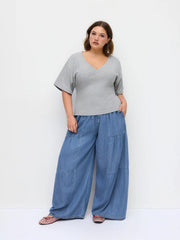 Denim Mid Rise Drawstring Ruched Wide Leg Jeans Curve & Plus