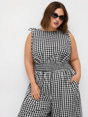 Cotton Gingham Boat Neck Drawstring Wide Leg Jumpsuit Curve & Plus