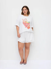 Cotton-blend Mid Rise Embroidery Tie Side Split Pointed Hem Oversized Shorts Curve & Plus