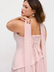 Chiffon Sculptural Halter Neckline Lace Up Maxi Bobycon Dress With Scarf Curve & Plus