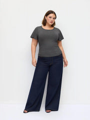 Round Neckline Ruffle Sleeve Ruched Waist Top Curve & Plus