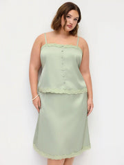 Satin Lace Trim Button Cami Top & Mid Rise Midi Skirt Set Curve & Plus