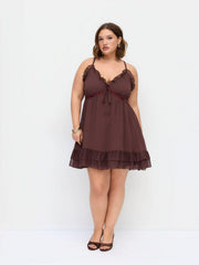 Chiffon V-Neck Lace Ruffle Hem Mini Dress Curve & Plus