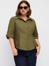 Cotton-blend Collar Mid-length Sleeve Roll Up Shirt Curve & Plus