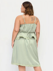 Satin Lace Trim Button Cami Top & Mid Rise Midi Skirt Set Curve & Plus