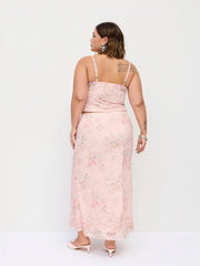 Floral Lace Trim Tie Front Cami Top & Mid Rise Bodycon Maxi Skirt Set Curve & Plus