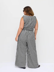 Cotton Gingham Boat Neck Drawstring Wide Leg Jumpsuit Curve & Plus