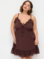 Chiffon V-Neck Lace Ruffle Hem Mini Dress Curve & Plus