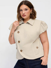 Notched Collar Puff Sleeve Asymmetrical Button Blouse Curve & Plus