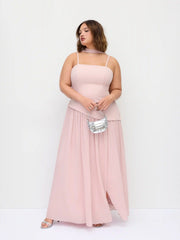 Chiffon Sculptural Halter Neckline Lace Up Maxi Bobycon Dress With Scarf Curve & Plus