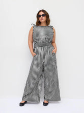 Cotton Gingham Boat Neck Drawstring Wide Leg Jumpsuit Curve & Plus