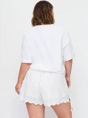 Cotton-blend Mid Rise Embroidery Tie Side Split Pointed Hem Oversized Shorts Curve & Plus