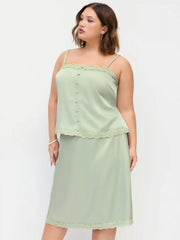 Satin Lace Trim Button Cami Top & Mid Rise Midi Skirt Set Curve & Plus