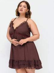 Chiffon V-Neck Lace Ruffle Hem Mini Dress Curve & Plus