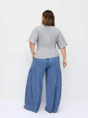 Denim Mid Rise Drawstring Ruched Wide Leg Jeans Curve & Plus